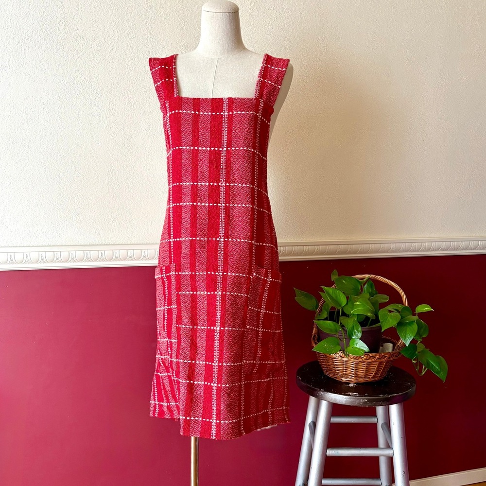 Sur La Table Red Plaid Cross Back Pinafore Apron Smock Pockets 39"x30" Retro